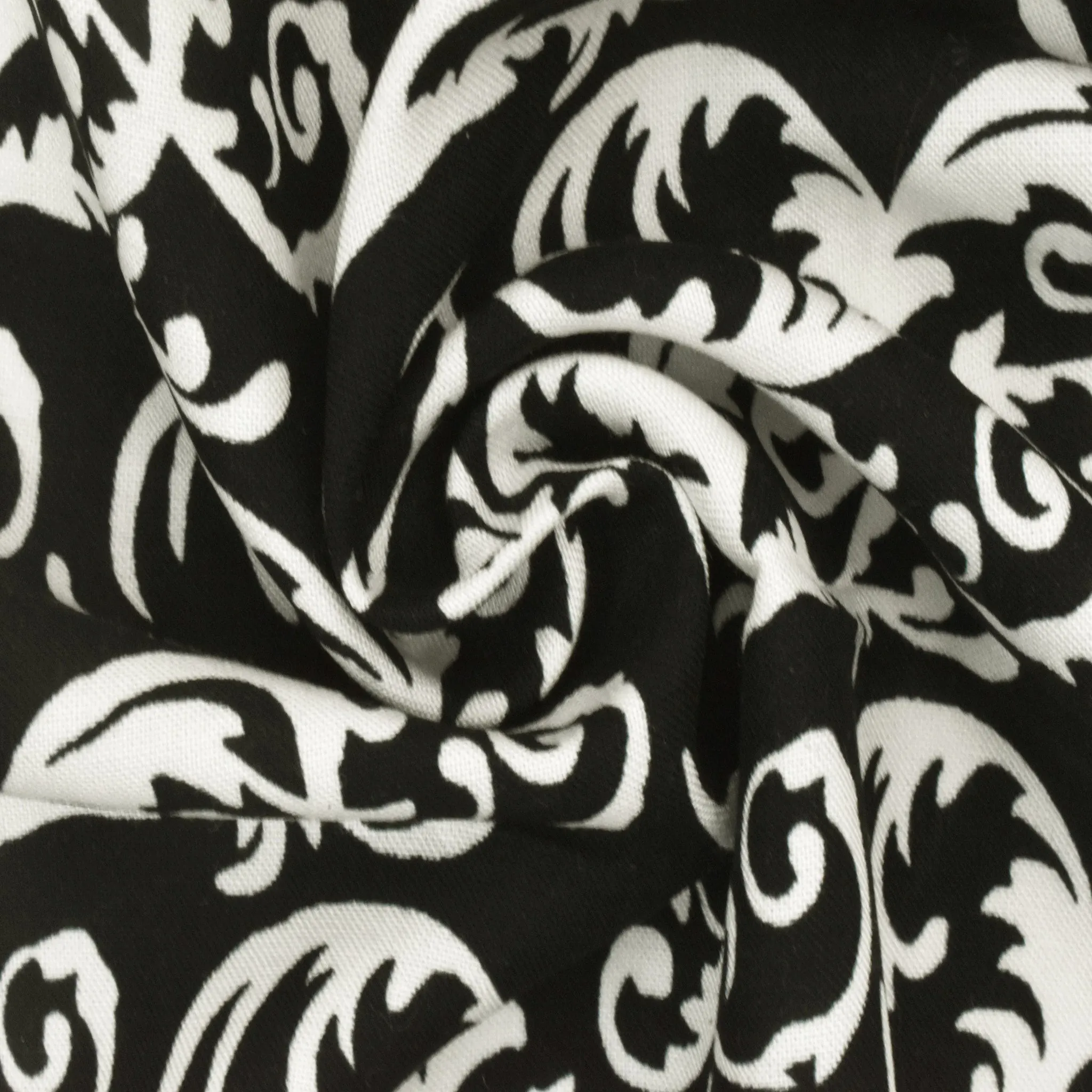 Black-Mist Ivory Cotton Scroll Abstract Printed Stretch Woven Fabric