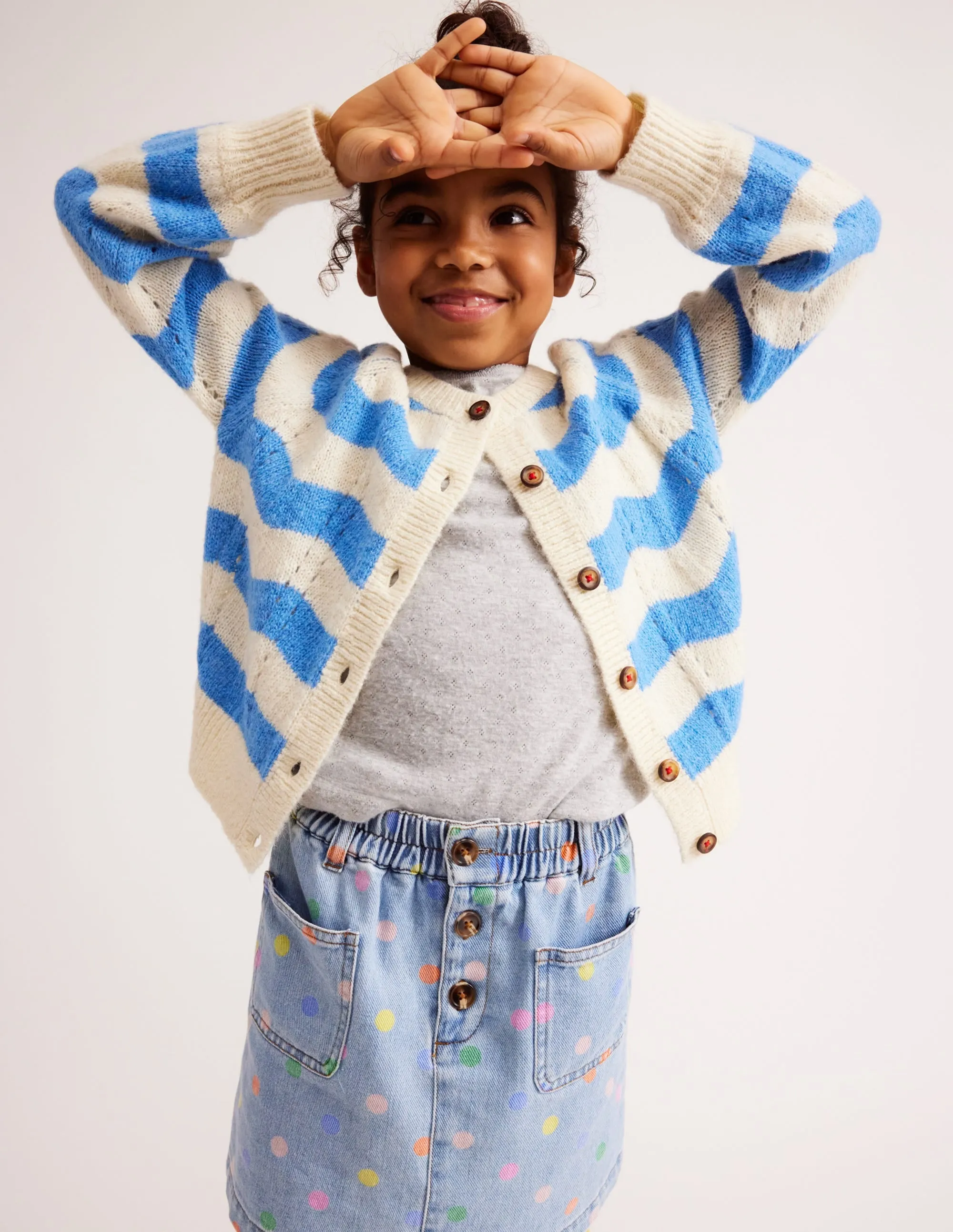 Blouson Wave Cardigan-Blue, Ivory Stripe