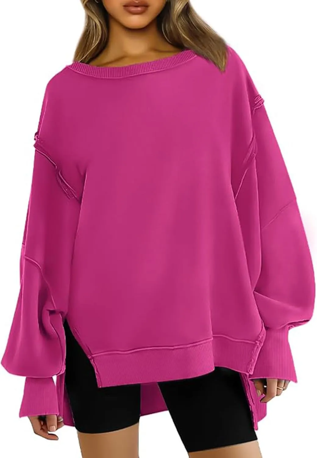Bobeutou Womens Oversized Crewneck Sweatshirt Trendy Hoodies Teen Girls Loose Fit Side Slit Long Sleeves Shirts Pullover Top