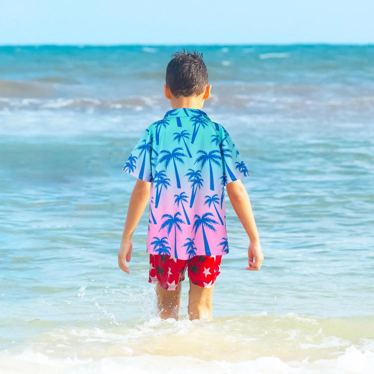 Boy's Button Down Hawaiian Shirts Short Sleeve Cool Cartoon Print Aloha Dress Tops T-Shirt for Kids 7-12T