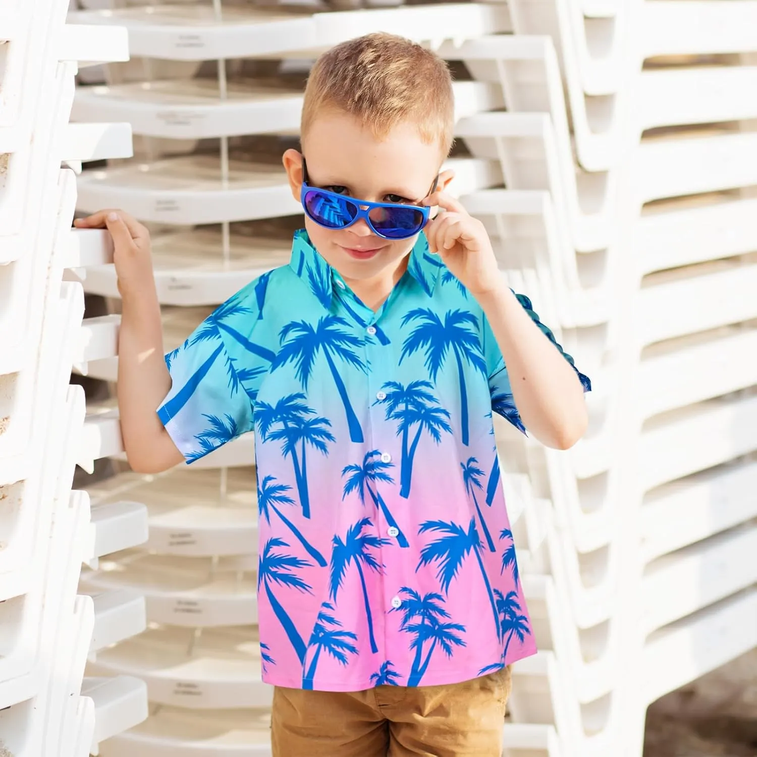 Boy's Button Down Hawaiian Shirts Short Sleeve Cool Cartoon Print Aloha Dress Tops T-Shirt for Kids 7-12T