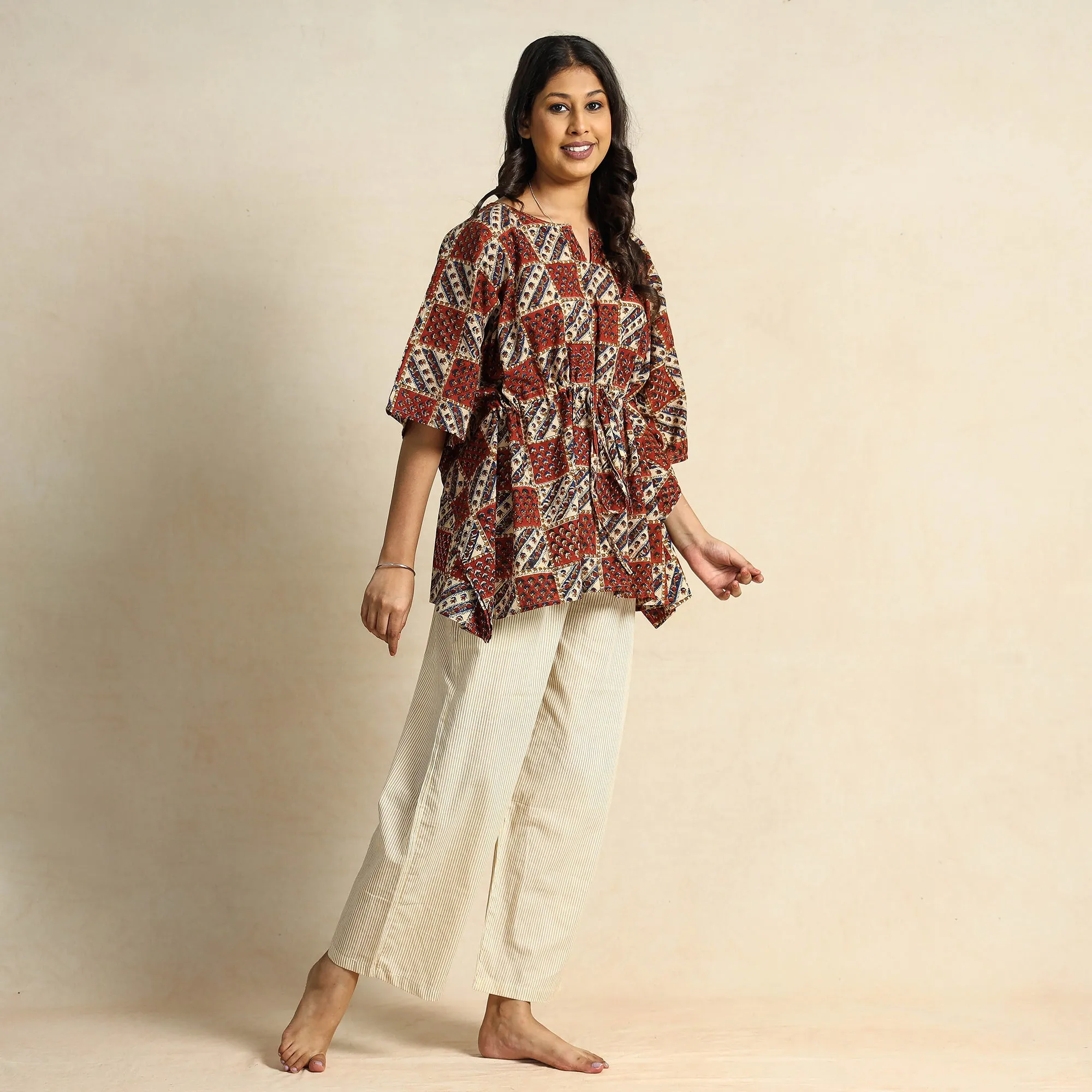Brown - Hand Block Printed Cotton Kaftan & Pyjama Night Suit Set