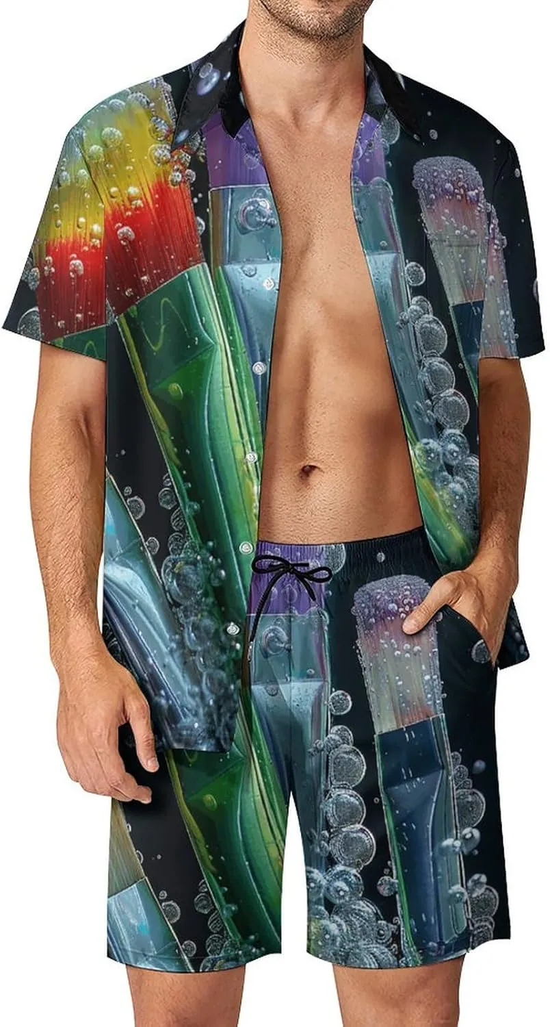 Bubbles And Brush Mens Swimsuit 2 Pieces Set Quick Dry Shorts Shirts Summer Button Down Short Sleeve Set