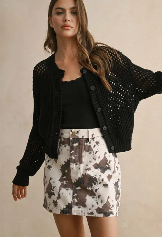 Button Down See Through Cardigen Sweater - Black