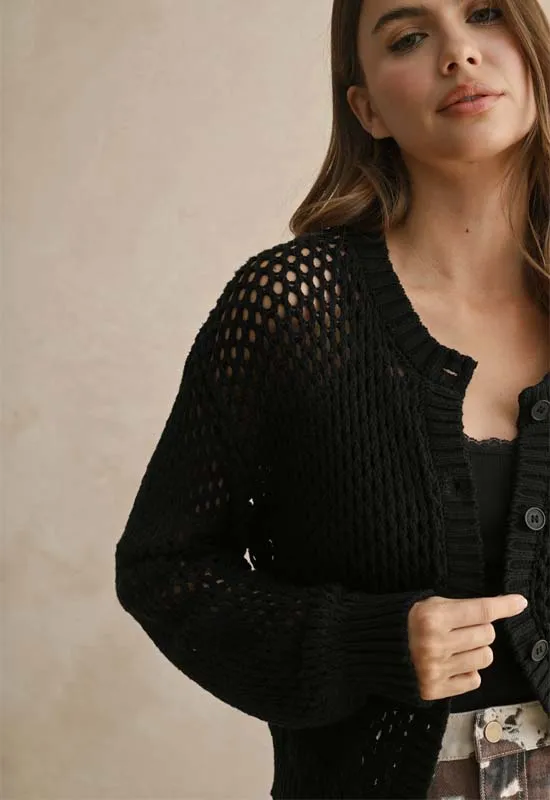 Button Down See Through Cardigen Sweater - Black