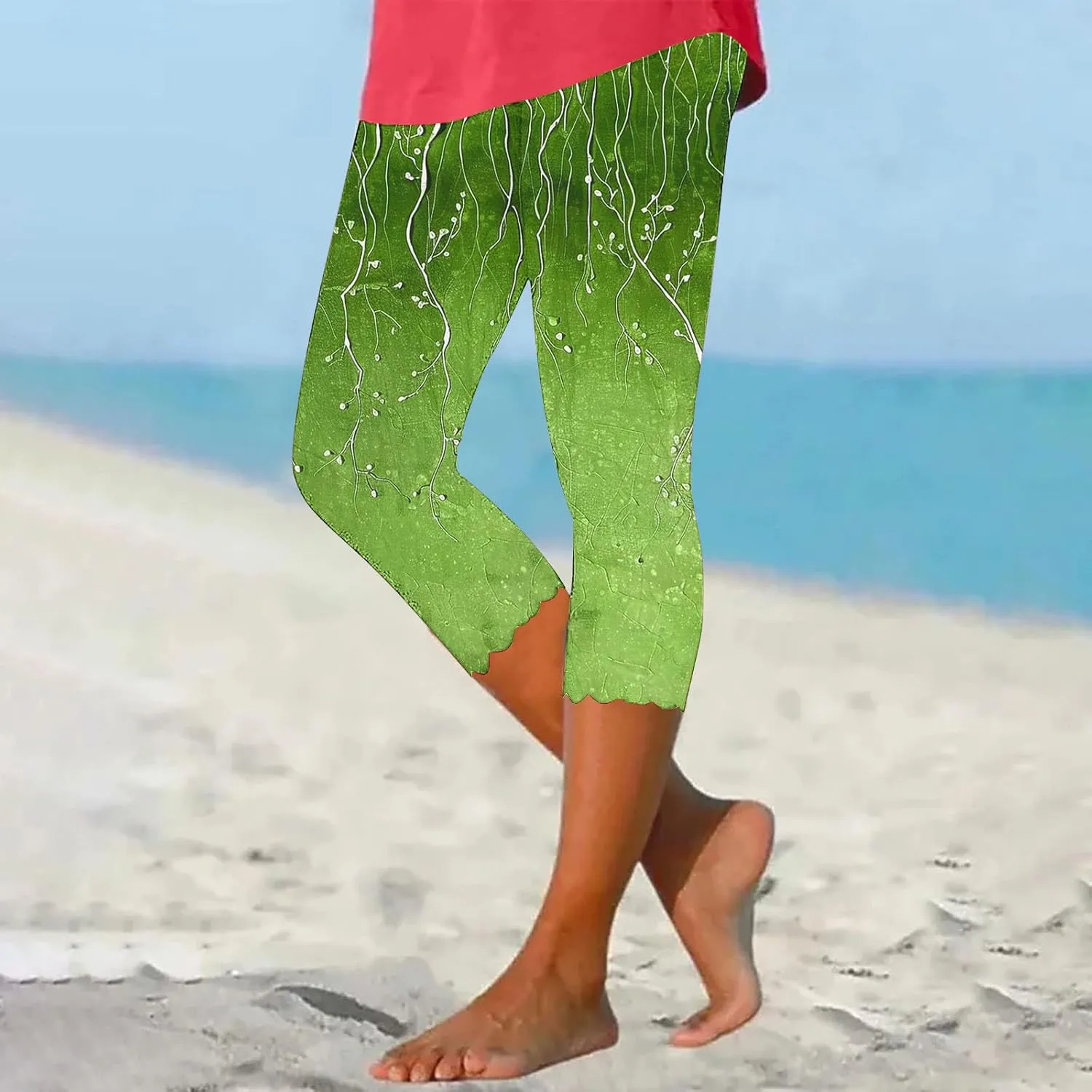 Capri Leggings for Women Floral Print High Waist Capris Pants Tummy Control Knee Length Slim Yoga Cropped Trouser
