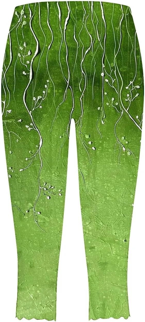 Capri Leggings for Women Floral Print High Waist Capris Pants Tummy Control Knee Length Slim Yoga Cropped Trouser