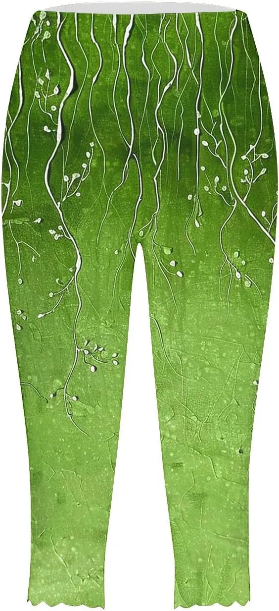 Capri Leggings for Women Floral Print High Waist Capris Pants Tummy Control Knee Length Slim Yoga Cropped Trouser
