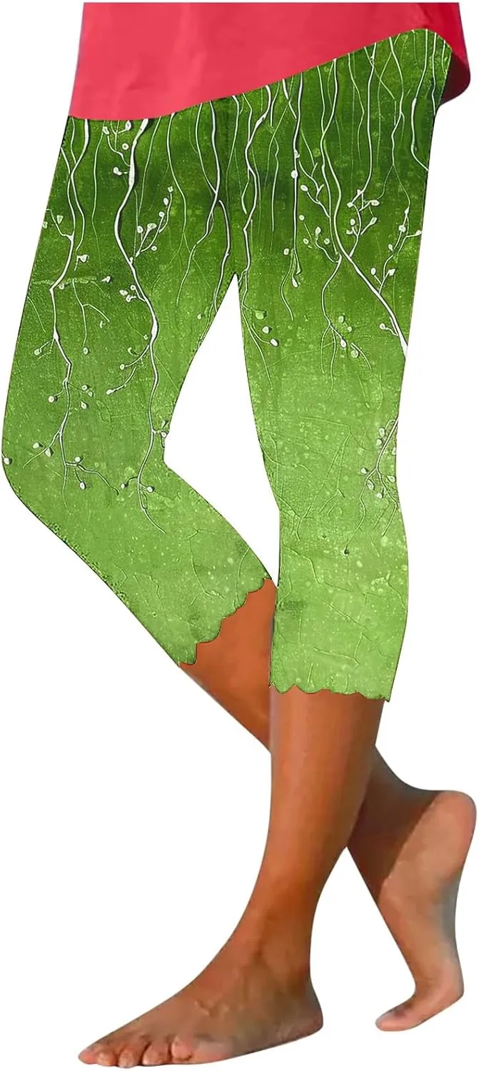 Capri Leggings for Women Floral Print High Waist Capris Pants Tummy Control Knee Length Slim Yoga Cropped Trouser