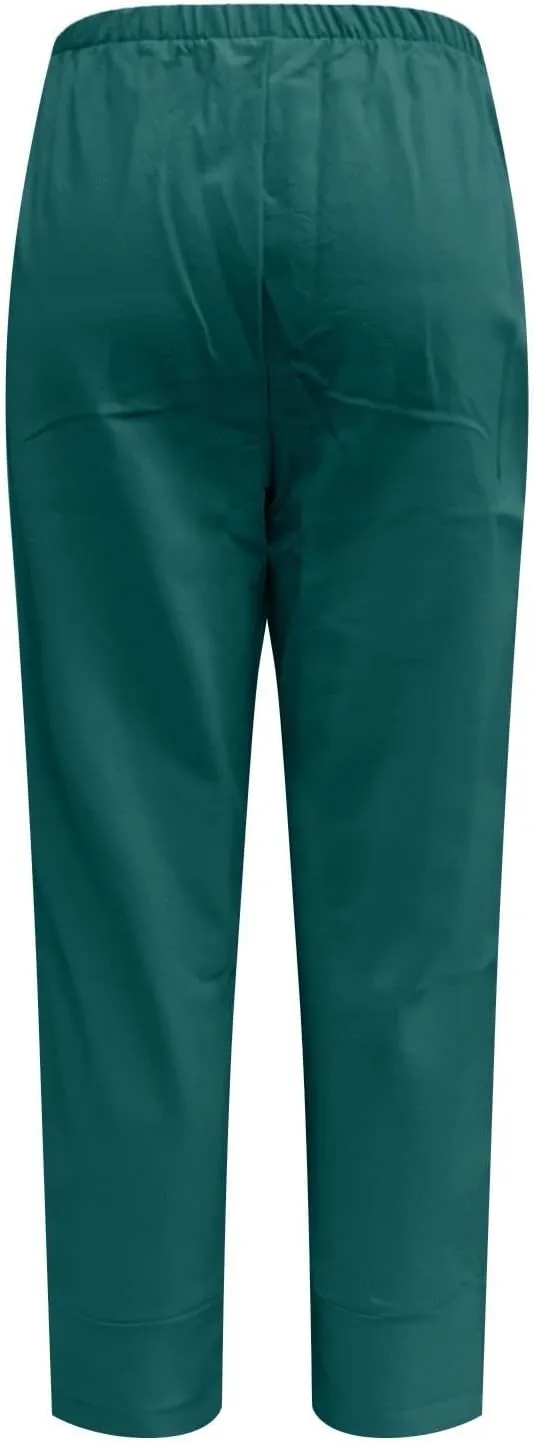 Capri Linen Pants for Women Summer Casual Wide Leg Pants Loose Fit Palazzo Pants Elastic Waist Cropped Trousers