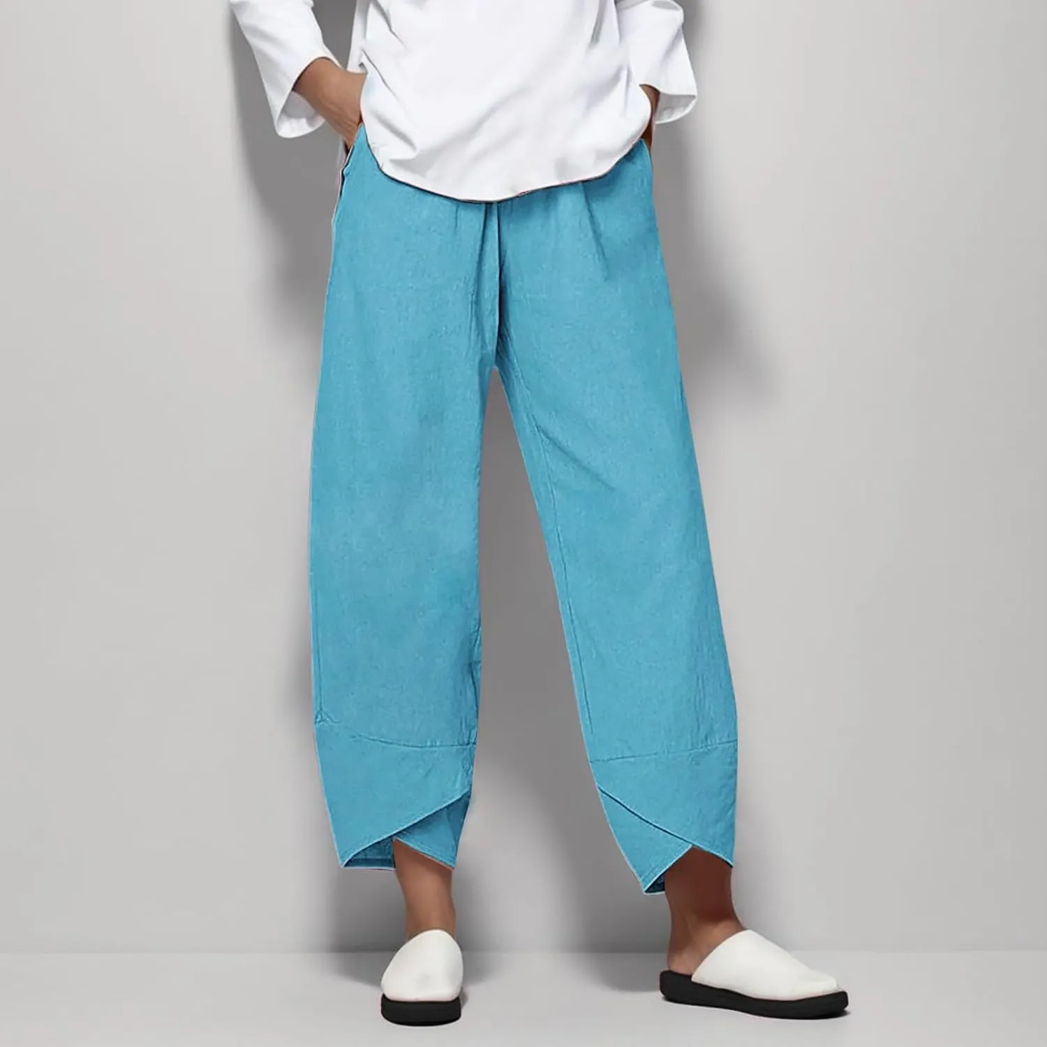 Capri Linen Pants for Women Summer Casual Wide Leg Pants Loose Fit Palazzo Pants Elastic Waist Cropped Trousers