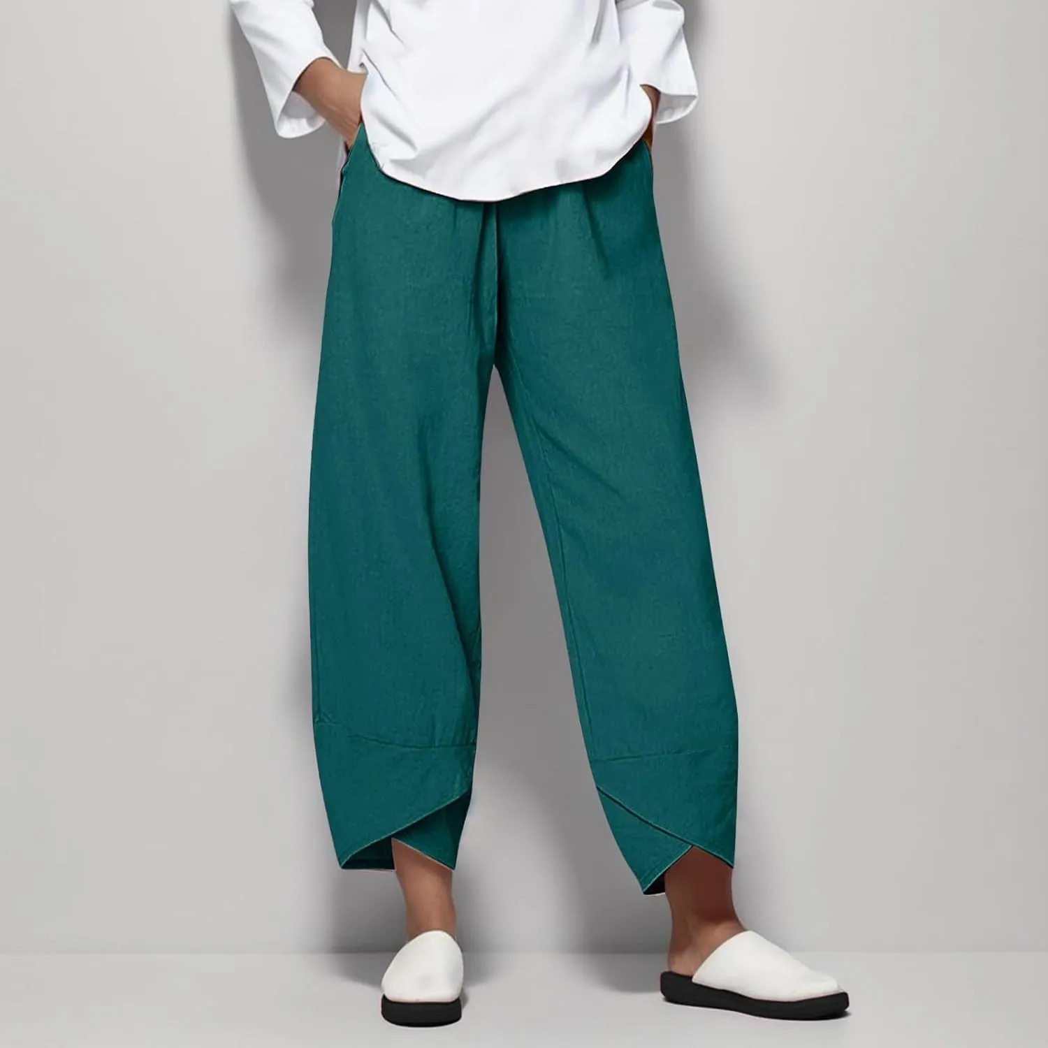 Capri Linen Pants for Women Summer Casual Wide Leg Pants Loose Fit Palazzo Pants Elastic Waist Cropped Trousers