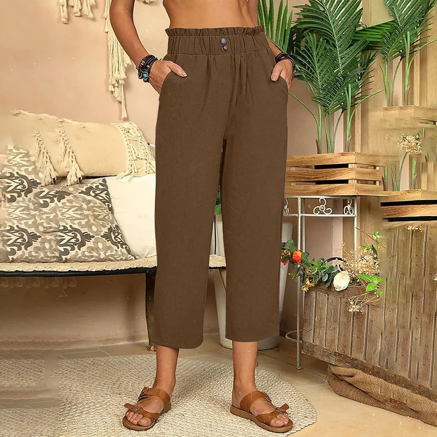 Capri Pants for Women Casual 2025 Summer Drawstring Elastic High Waist Linen Pant Straight Wide Leg Cropped Trousers