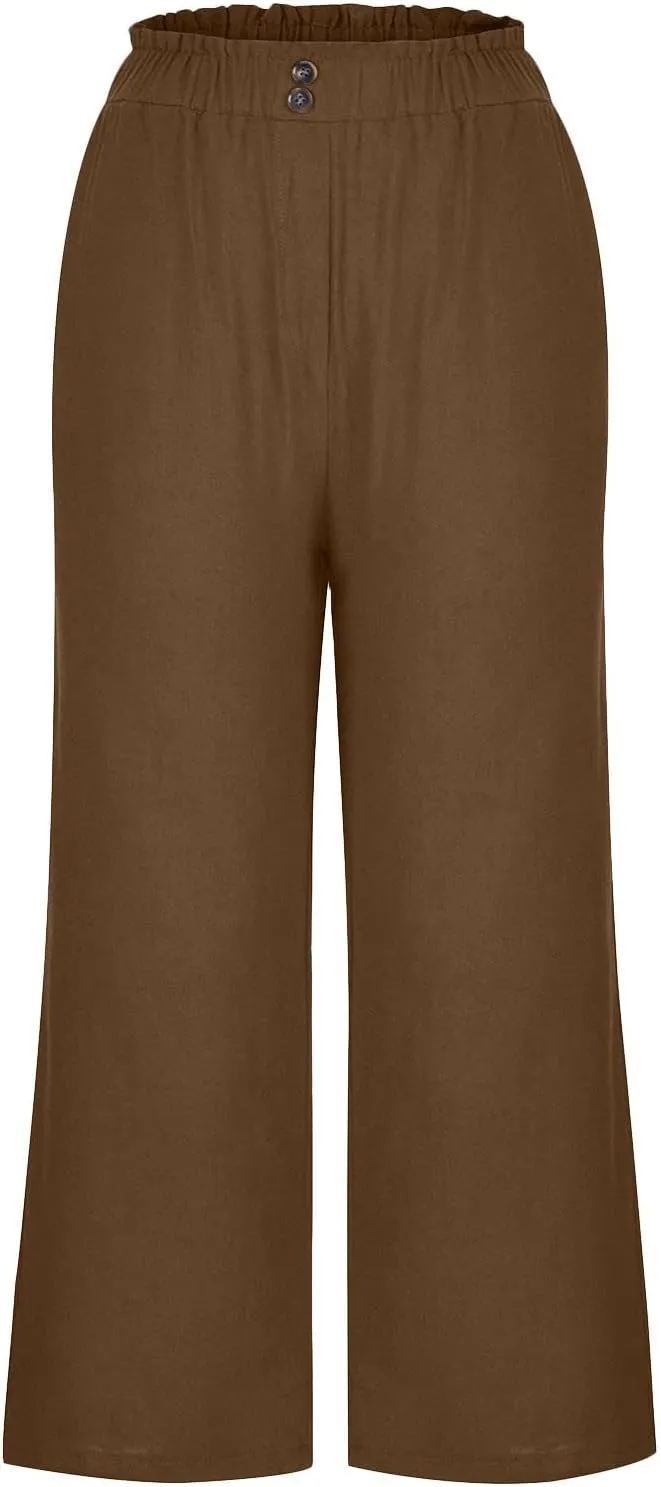 Capri Pants for Women Casual 2025 Summer Drawstring Elastic High Waist Linen Pant Straight Wide Leg Cropped Trousers