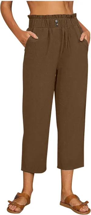 Capri Pants for Women Casual 2025 Summer Drawstring Elastic High Waist Linen Pant Straight Wide Leg Cropped Trousers
