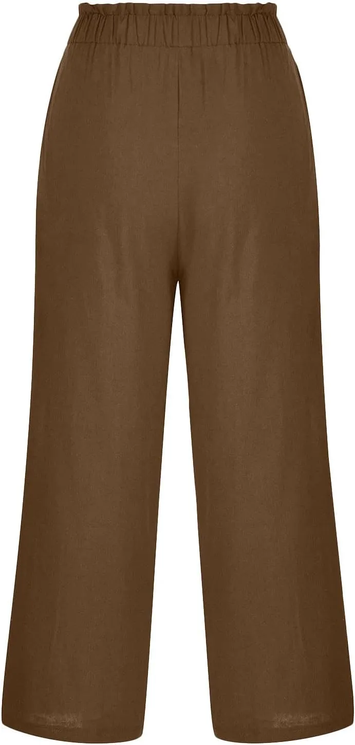 Capri Pants for Women Casual 2025 Summer Drawstring Elastic High Waist Linen Pant Straight Wide Leg Cropped Trousers