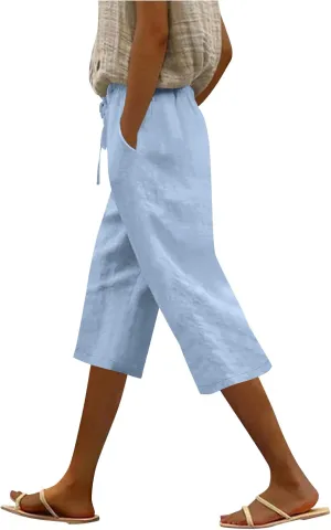 Capri Pants for Women Casual Summer Cotton Linen Capris Elastic High Waist Pants Wide Leg Cropped Trousers