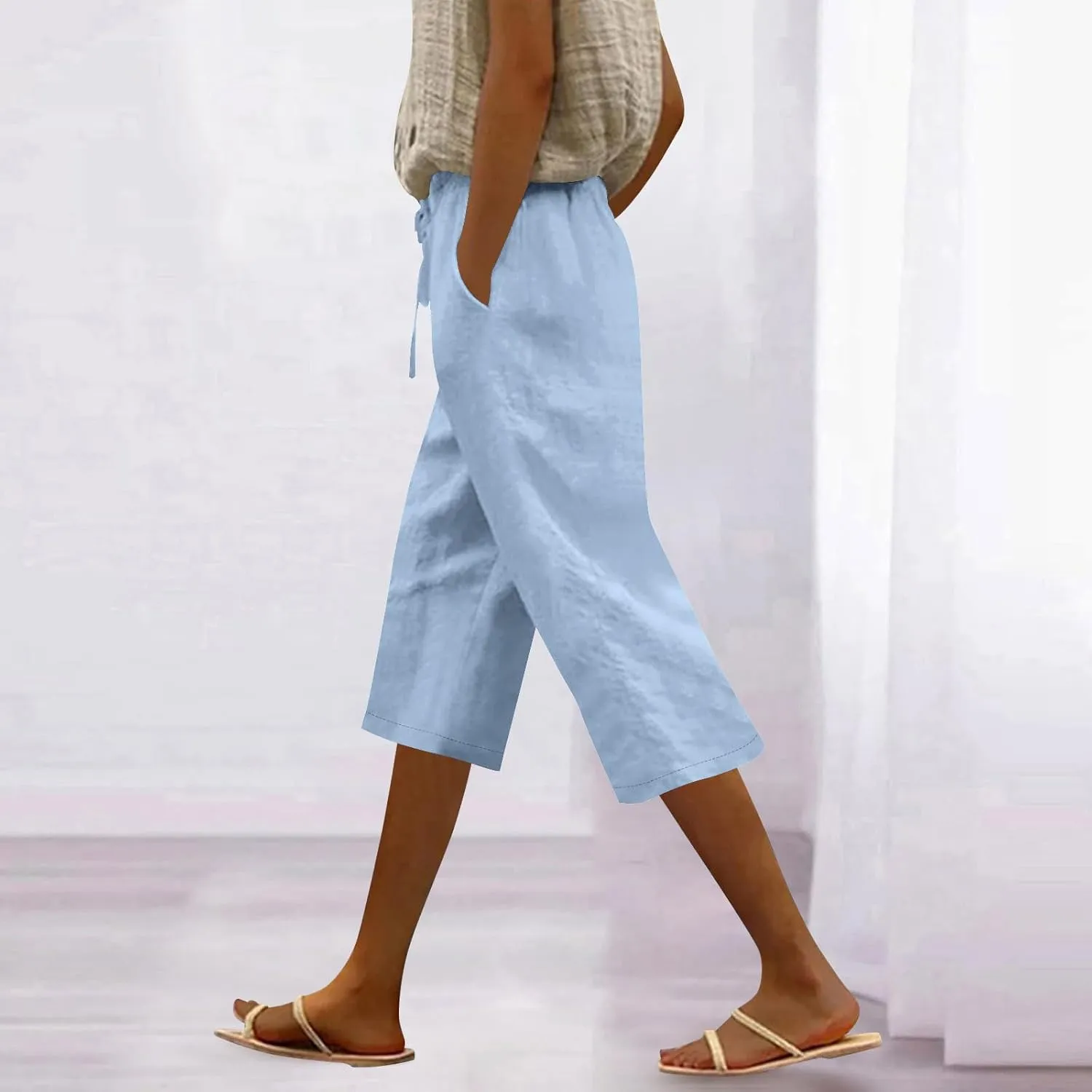 Capri Pants for Women Casual Summer Cotton Linen Capris Elastic High Waist Pants Wide Leg Cropped Trousers