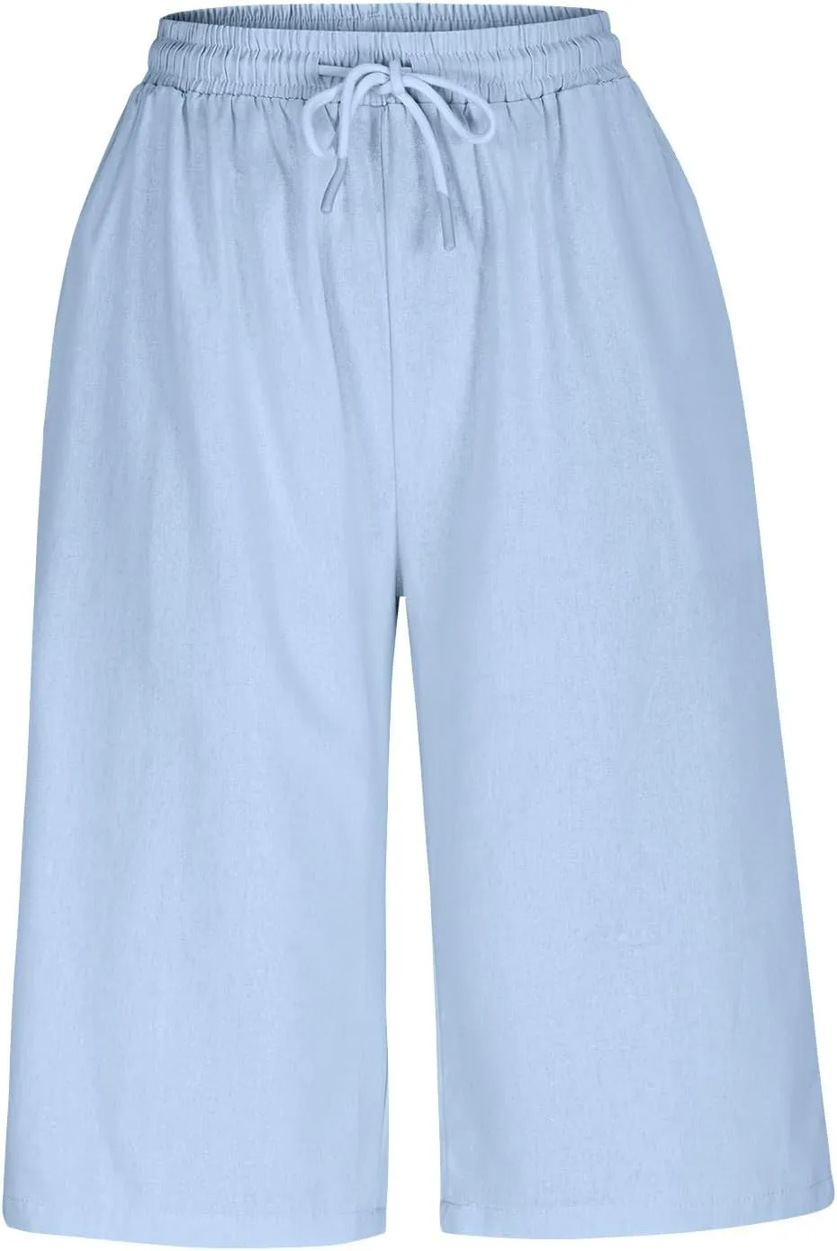 Capri Pants for Women Casual Summer Cotton Linen Capris Elastic High Waist Pants Wide Leg Cropped Trousers