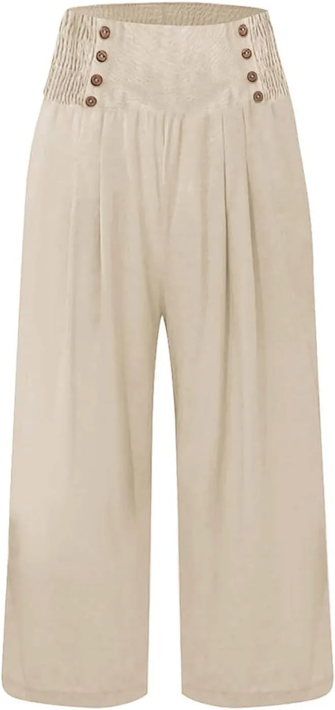 Capri Pants for Women Wide Leg Casual Summer Palazzo Pant Elastic High Waisted Flowy Lounge Beach Trouser with Pocket