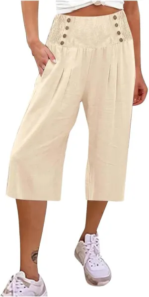 Capri Pants for Women Wide Leg Casual Summer Palazzo Pant Elastic High Waisted Flowy Lounge Beach Trouser with Pocket