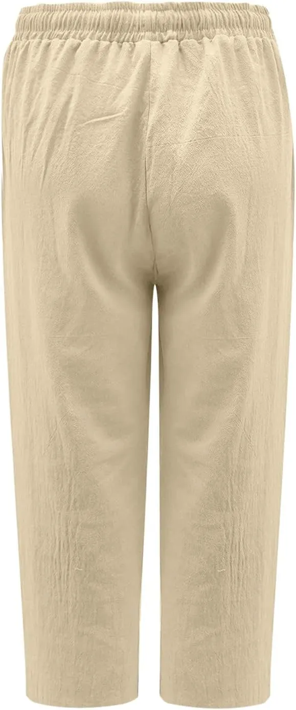 Capris Pants for Women Cotton Linen Casual Summer 2025 Loose Fit Drawstring Elastic Waist Cropped Trouser Beach Pants