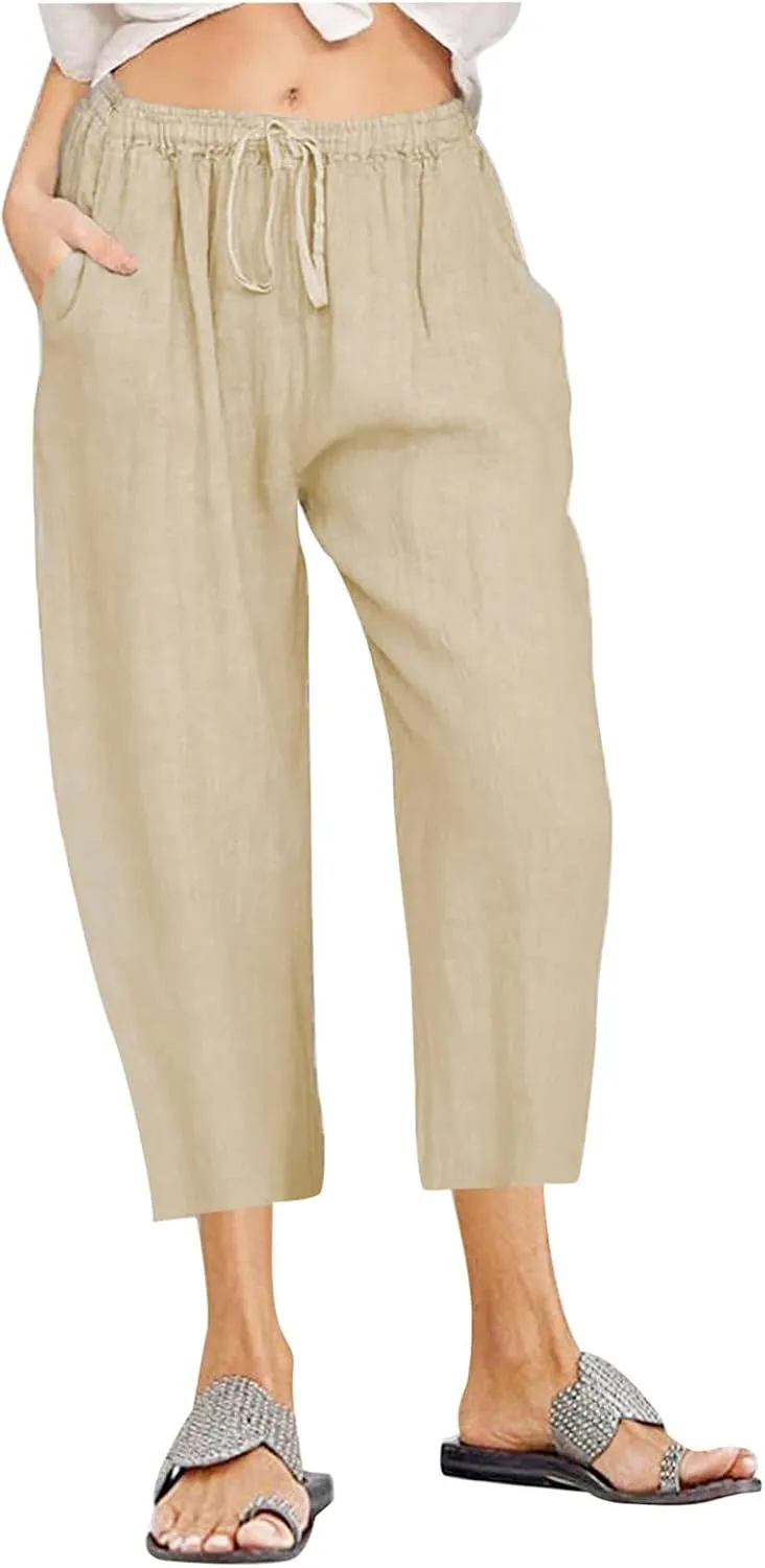 Capris Pants for Women Cotton Linen Casual Summer 2025 Loose Fit Drawstring Elastic Waist Cropped Trouser Beach Pants