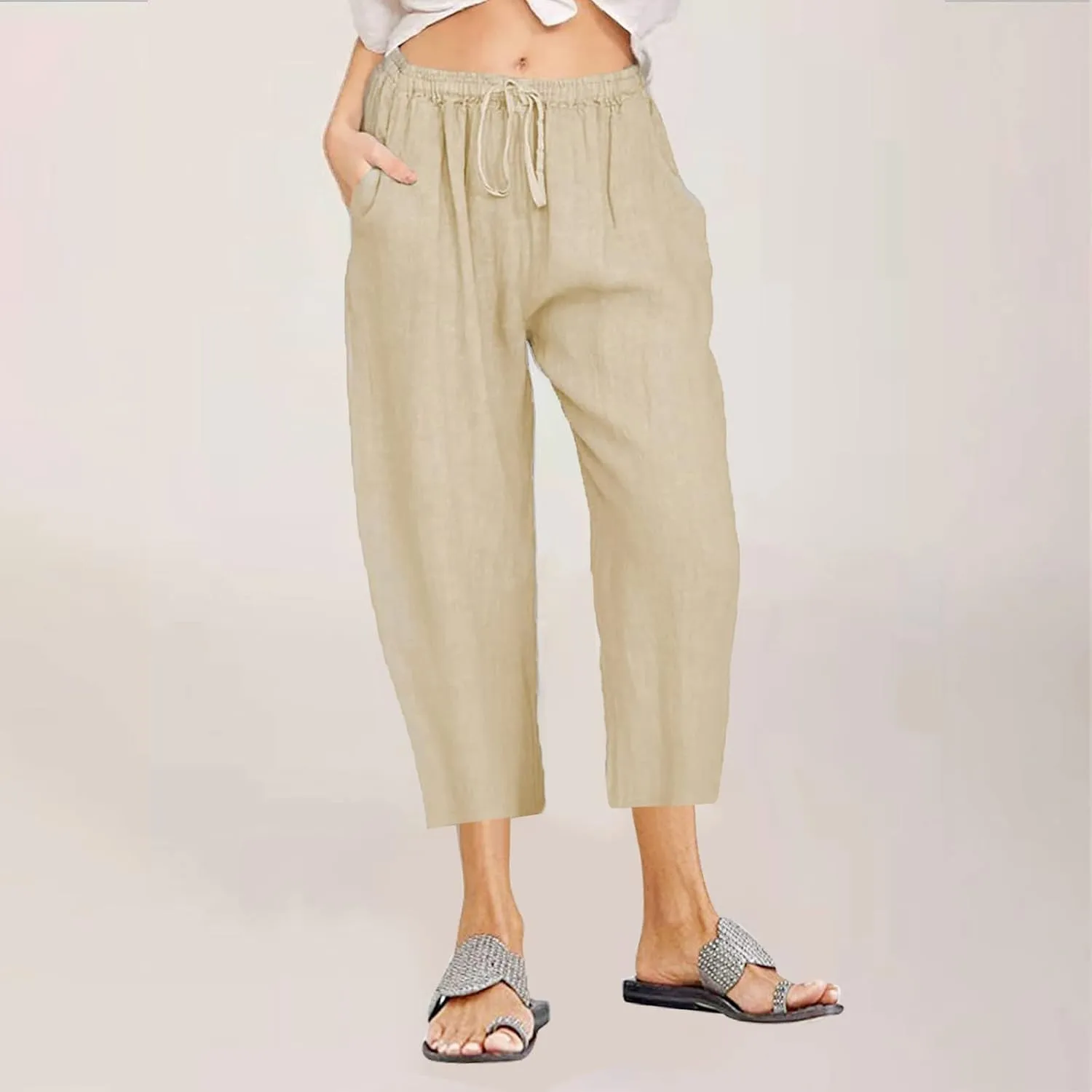 Capris Pants for Women Cotton Linen Casual Summer 2025 Loose Fit Drawstring Elastic Waist Cropped Trouser Beach Pants