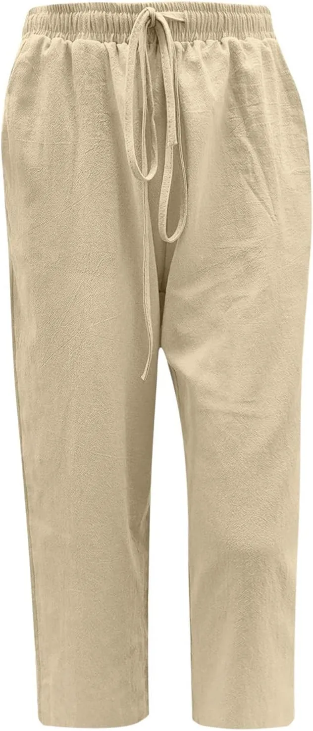 Capris Pants for Women Cotton Linen Casual Summer 2025 Loose Fit Drawstring Elastic Waist Cropped Trouser Beach Pants
