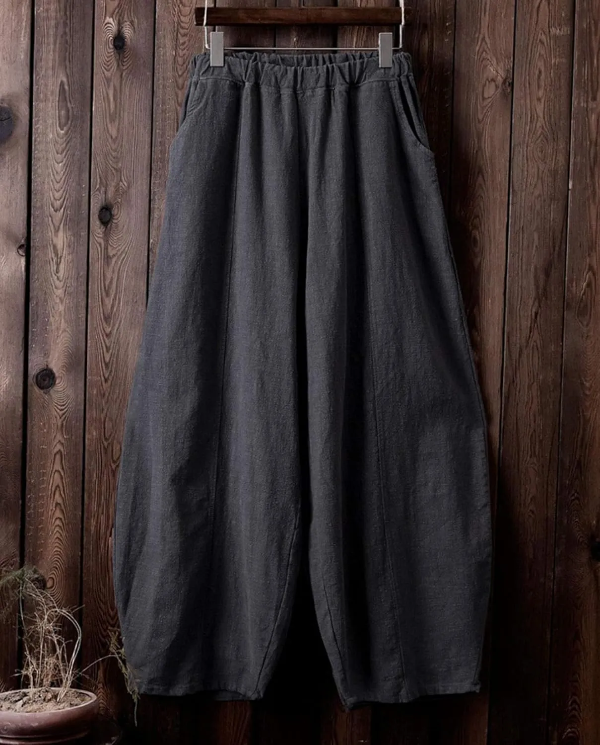Cargo Japanese Pants for Women Soild Cotton Linen Wide Leg Pants Casual Fall Baggy Lantern Trouser with Pockets