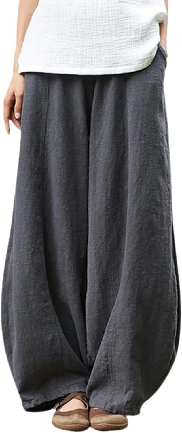 Cargo Japanese Pants for Women Soild Cotton Linen Wide Leg Pants Casual Fall Baggy Lantern Trouser with Pockets