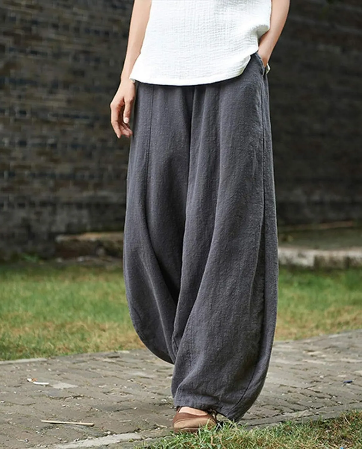 Cargo Japanese Pants for Women Soild Cotton Linen Wide Leg Pants Casual Fall Baggy Lantern Trouser with Pockets