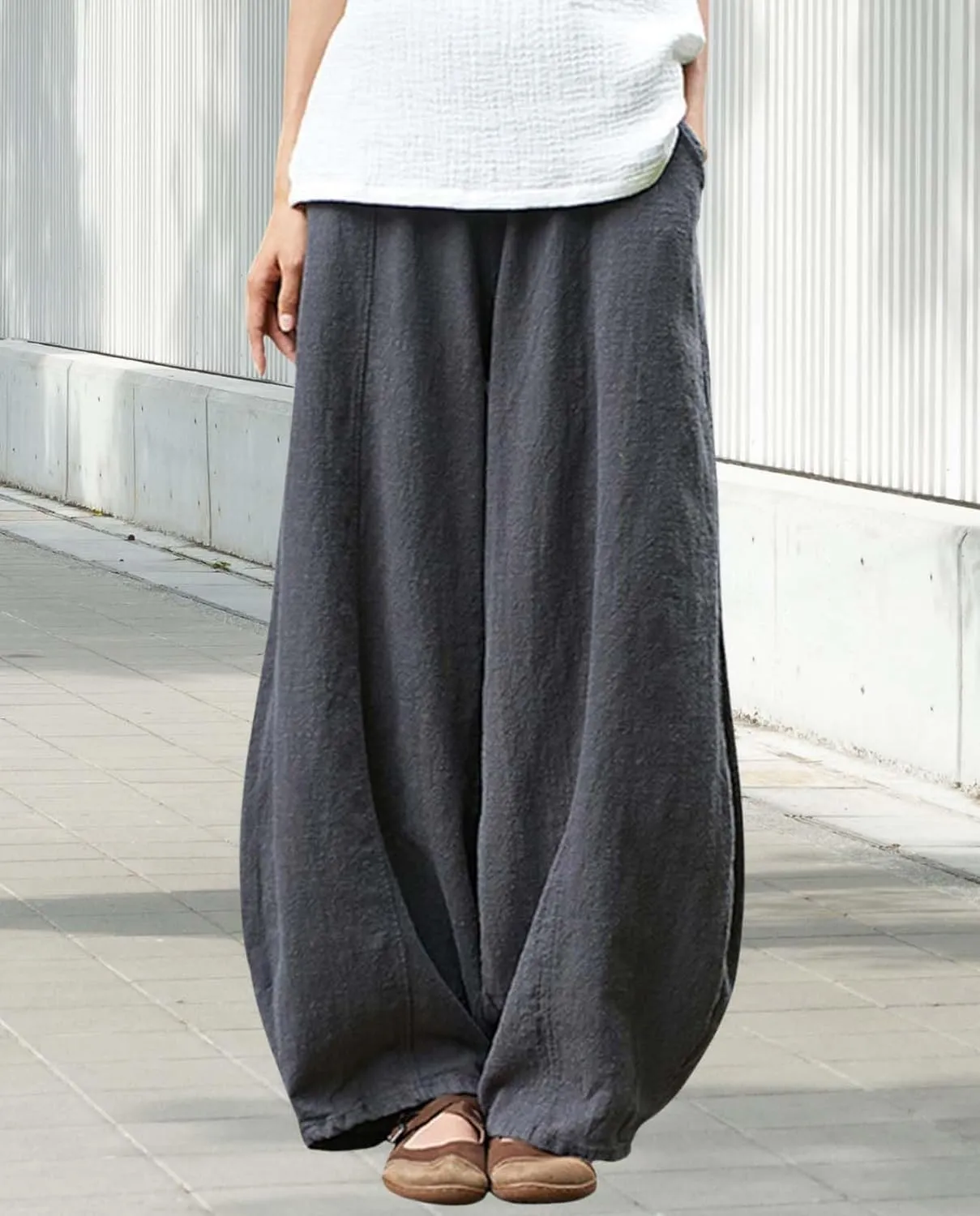 Cargo Japanese Pants for Women Soild Cotton Linen Wide Leg Pants Casual Fall Baggy Lantern Trouser with Pockets