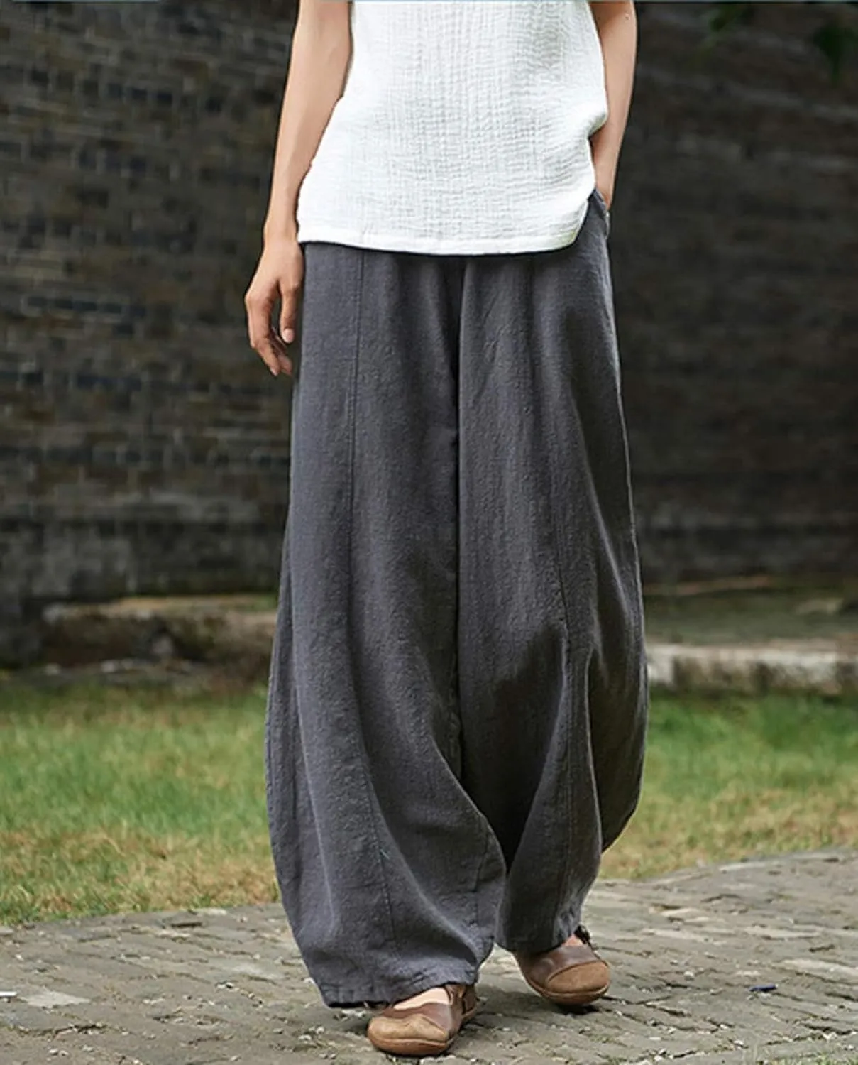Cargo Japanese Pants for Women Soild Cotton Linen Wide Leg Pants Casual Fall Baggy Lantern Trouser with Pockets