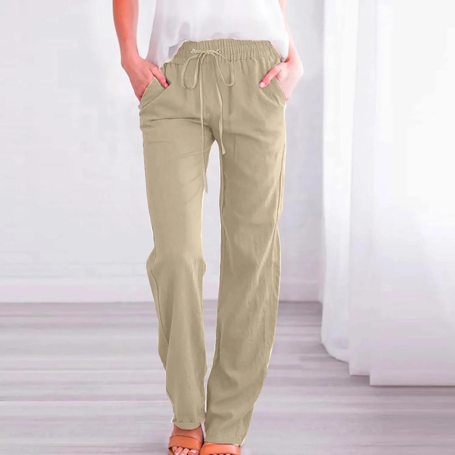 Casual Cotton Linen Pants Women High Waist Drawstring 2025 Summer Loose Lightweight Solid Lounge Long Trousers