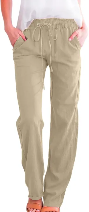 Casual Cotton Linen Pants Women High Waist Drawstring 2025 Summer Loose Lightweight Solid Lounge Long Trousers
