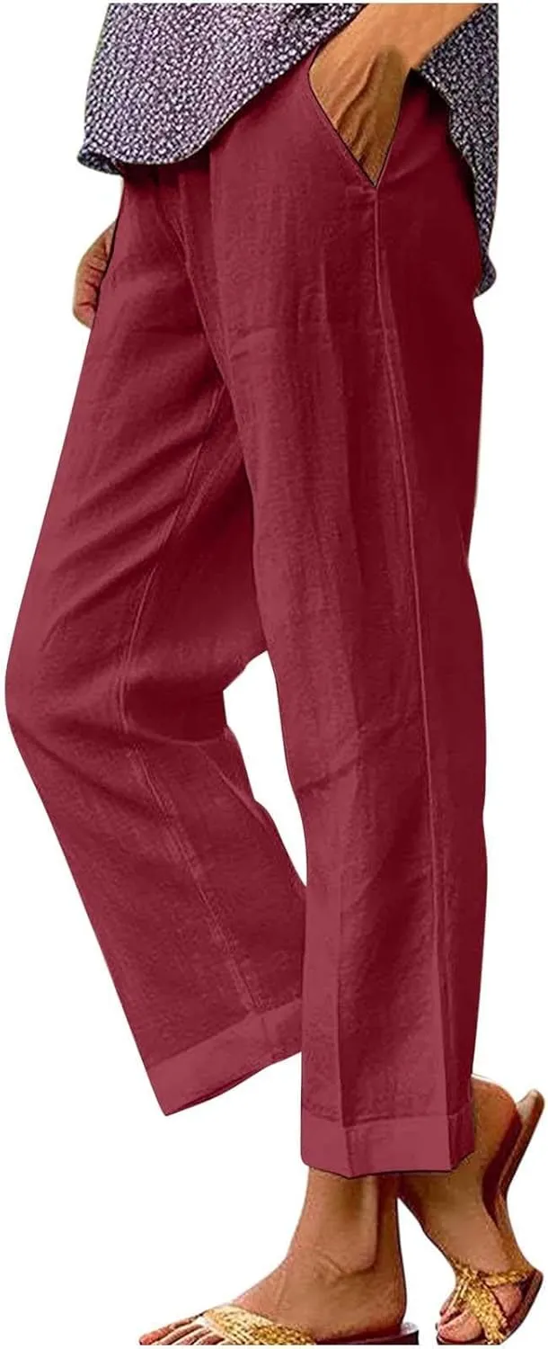 Casual Linen Pants Women Petite High Waist Business Slacks Stretch Flowy Pants 2025 Summer Vacation Linen Trousers