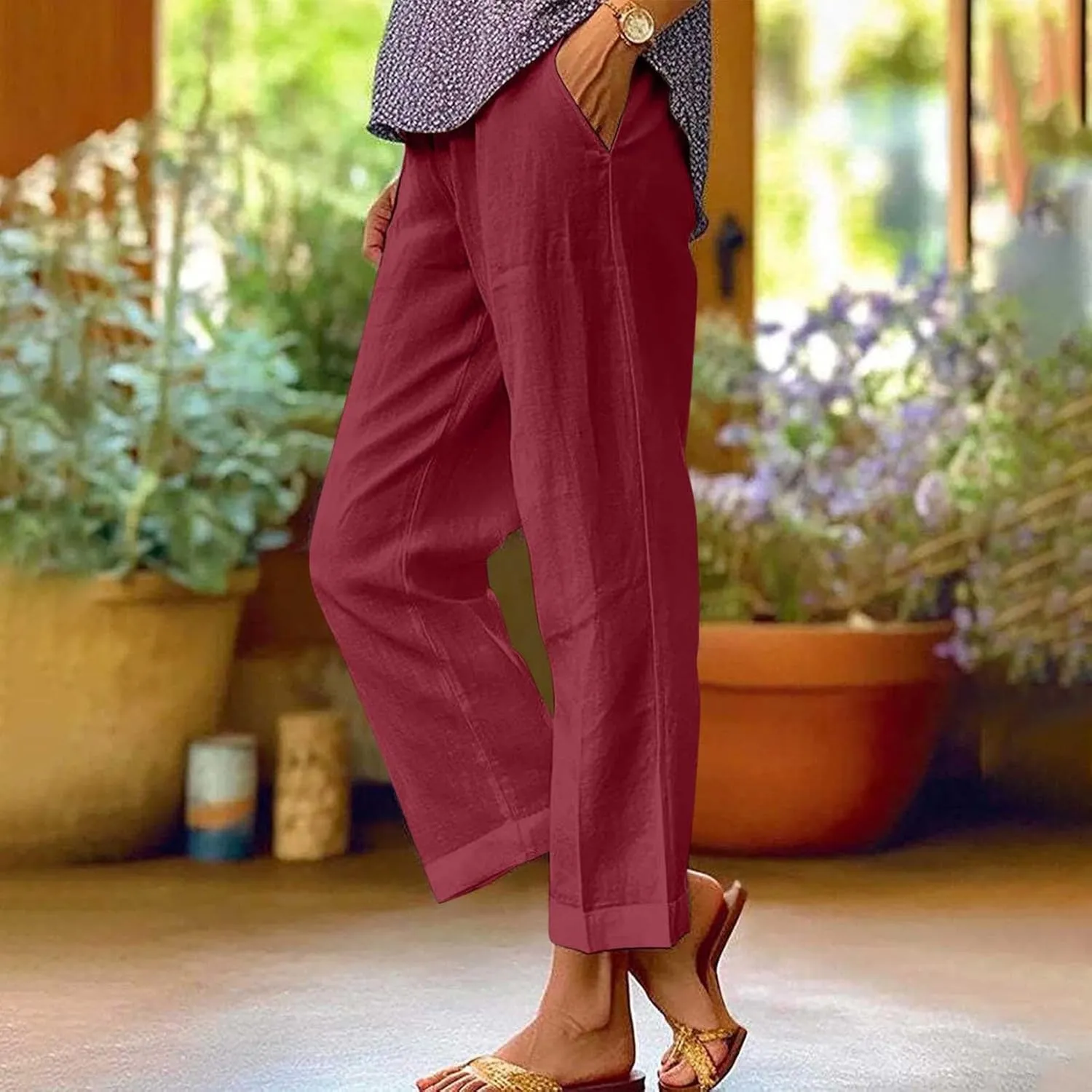 Casual Linen Pants Women Petite High Waist Business Slacks Stretch Flowy Pants 2025 Summer Vacation Linen Trousers