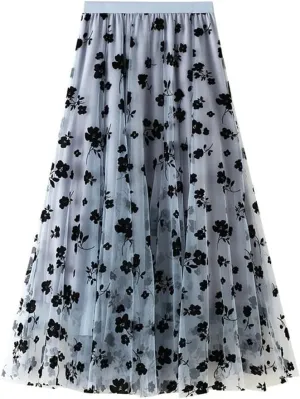 Casual Long Tulle Skirt Women Retro Butterfly Embroidery Elastic High Waist A-Line Mesh Pleated Skirt Midi Skirt