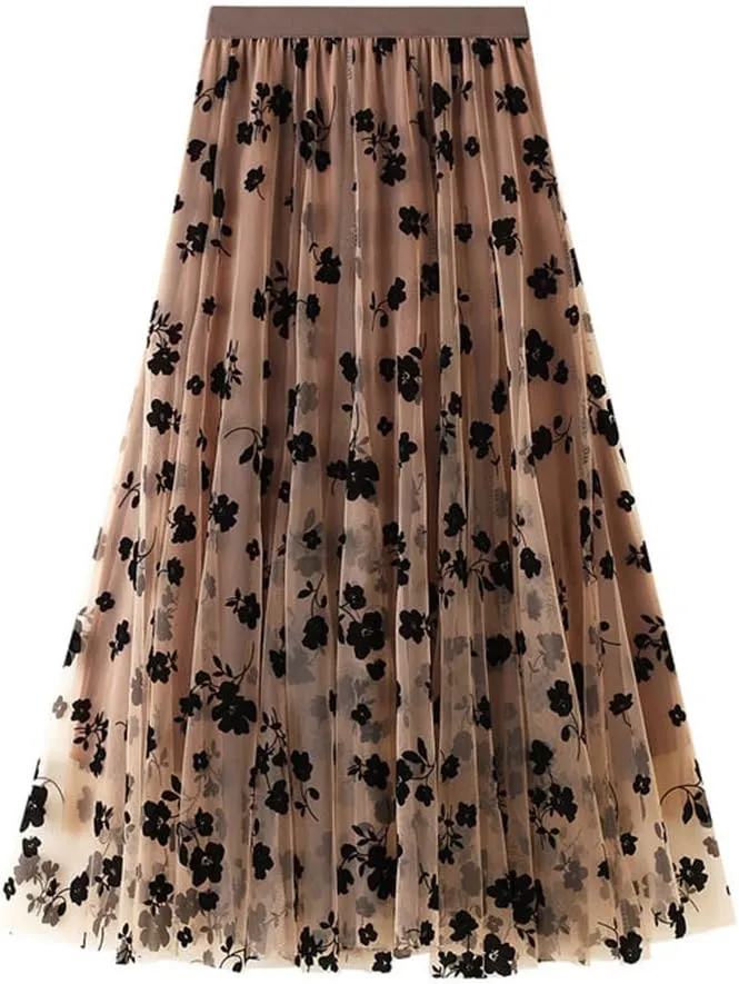 Casual Long Tulle Skirt Women Retro Butterfly Embroidery Elastic High Waist A-Line Mesh Pleated Skirt Midi Skirt