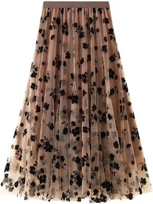 Casual Long Tulle Skirt Women Retro Butterfly Embroidery Elastic High Waist A-Line Mesh Pleated Skirt Midi Skirt