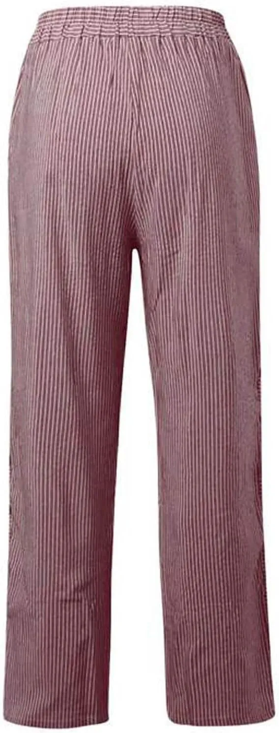 Casual Pants for Women Striped Side Button Elastic Waist Trendy Pants Straight Leg Lightweight Trousers with Pocket