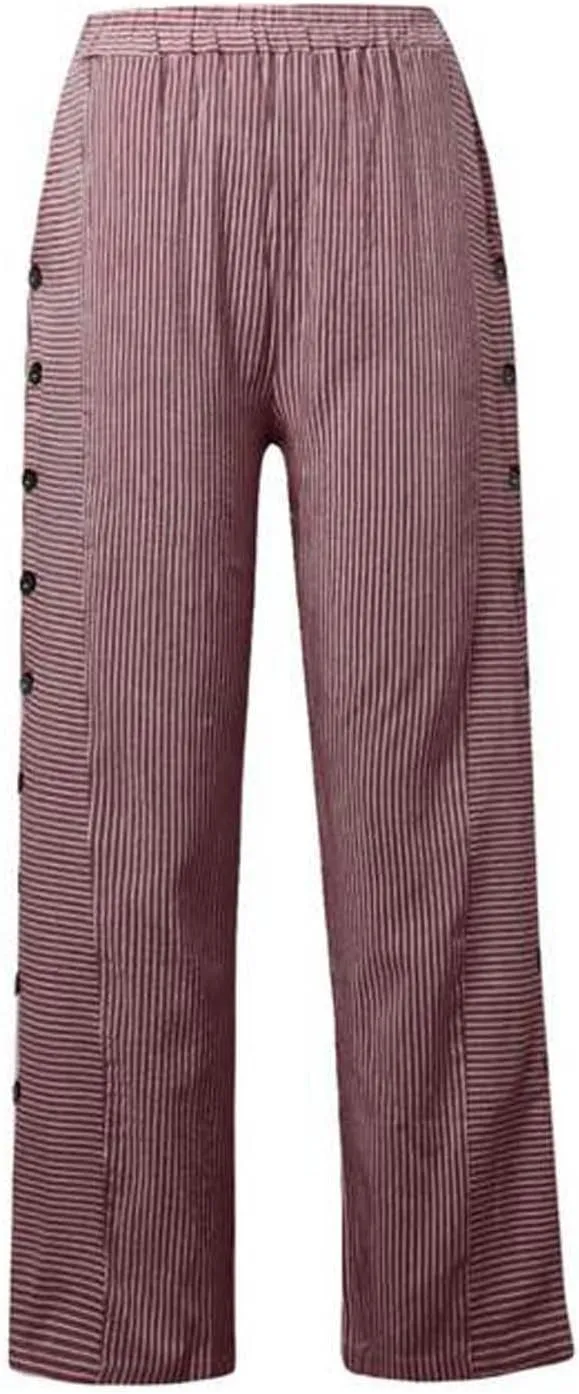 Casual Pants for Women Striped Side Button Elastic Waist Trendy Pants Straight Leg Lightweight Trousers with Pocket