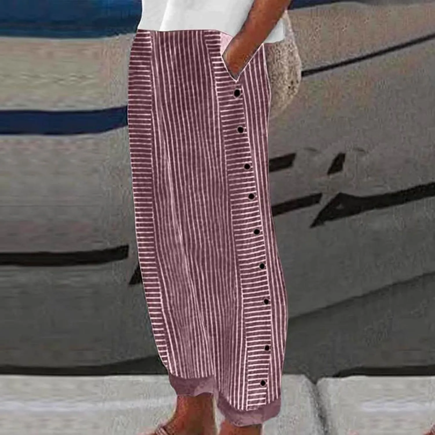 Casual Pants for Women Striped Side Button Elastic Waist Trendy Pants Straight Leg Lightweight Trousers with Pocket