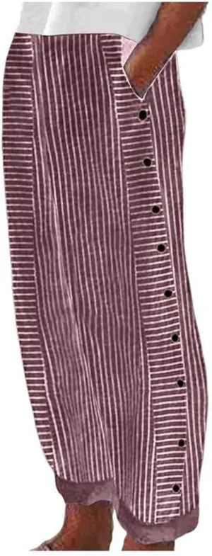 Casual Pants for Women Striped Side Button Elastic Waist Trendy Pants Straight Leg Lightweight Trousers with Pocket