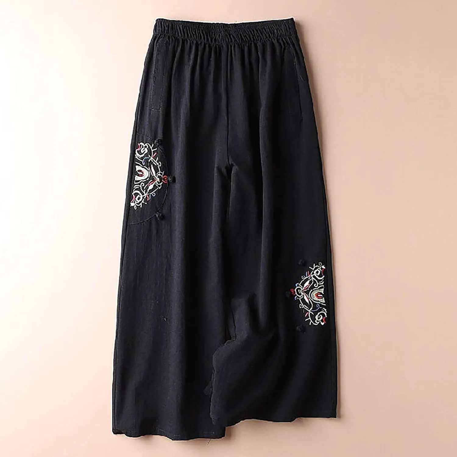 Casual Women's Linen Pants Summer Palazzo High Waisted Pants Wide Leg Slacks Beach Comfy Long Trousers with Pockets