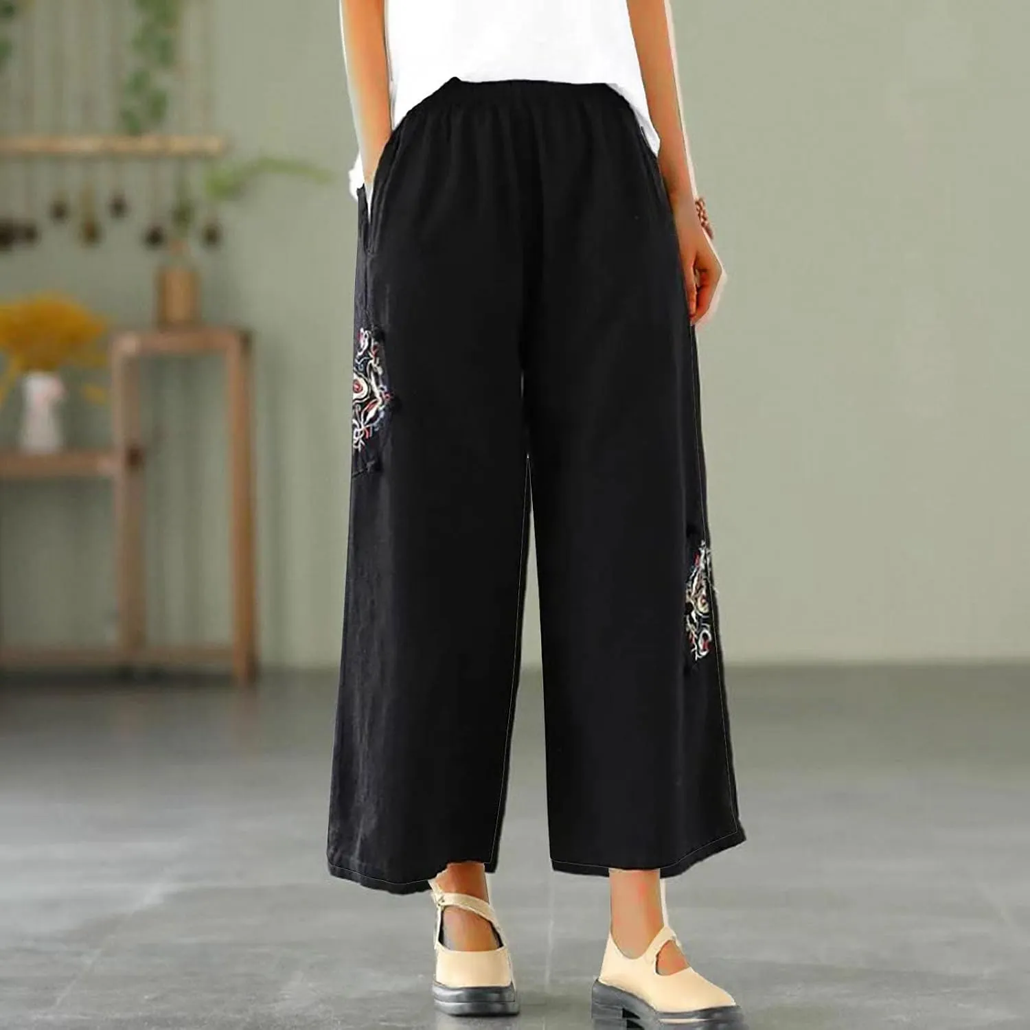 Casual Women's Linen Pants Summer Palazzo High Waisted Pants Wide Leg Slacks Beach Comfy Long Trousers with Pockets