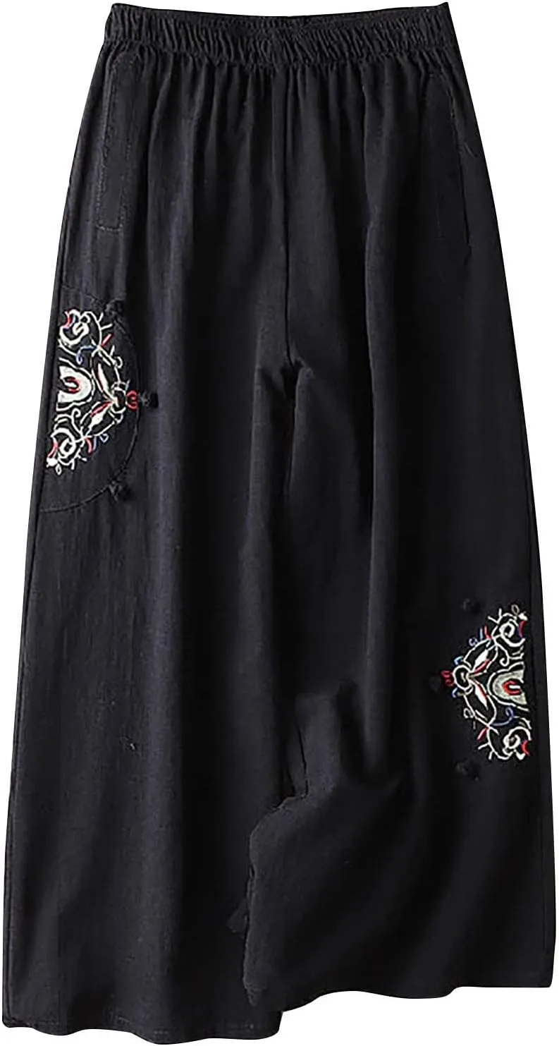 Casual Women's Linen Pants Summer Palazzo High Waisted Pants Wide Leg Slacks Beach Comfy Long Trousers with Pockets