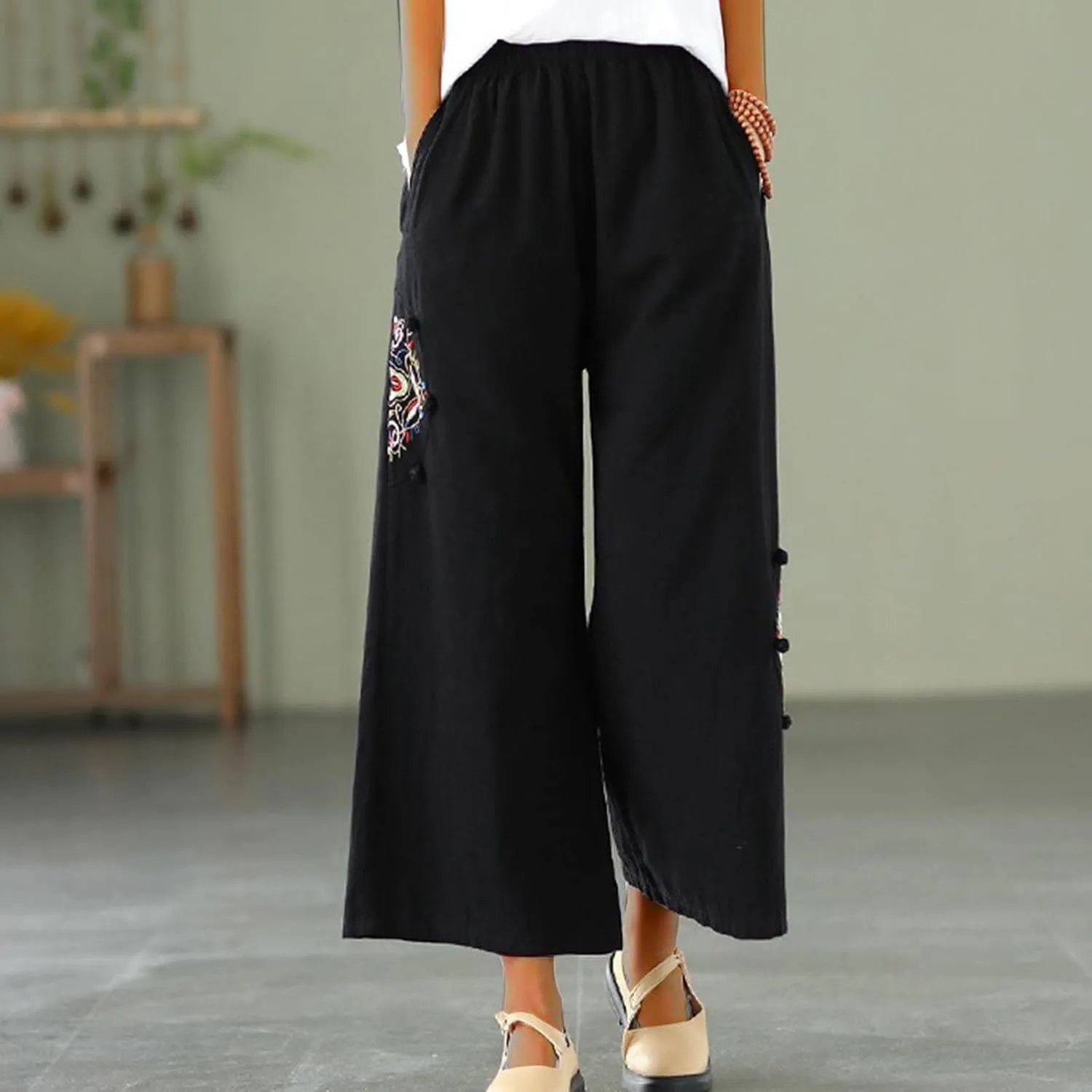 Casual Women's Linen Pants Summer Palazzo High Waisted Pants Wide Leg Slacks Beach Comfy Long Trousers with Pockets