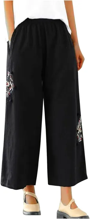 Casual Women's Linen Pants Summer Palazzo High Waisted Pants Wide Leg Slacks Beach Comfy Long Trousers with Pockets